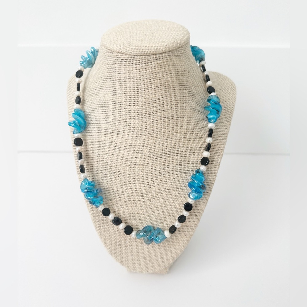 NWT Genuine Murano Glass, Black Onyx  & Pearls Necklace Blue Black White
